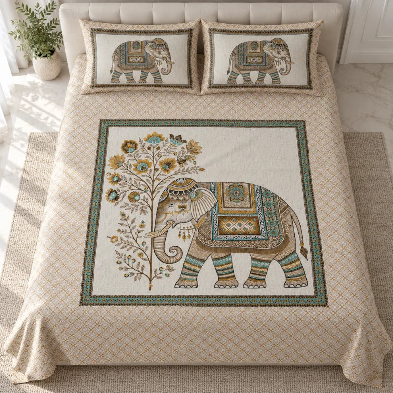 Royal Elephant Floral Printed Bedsheet Set - Rangshee
