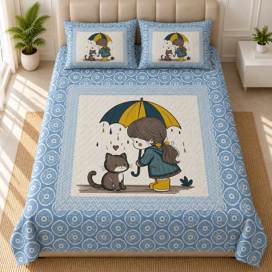 Little Moments Umbrella Cat Printed Bedsheet Set - Rangshee