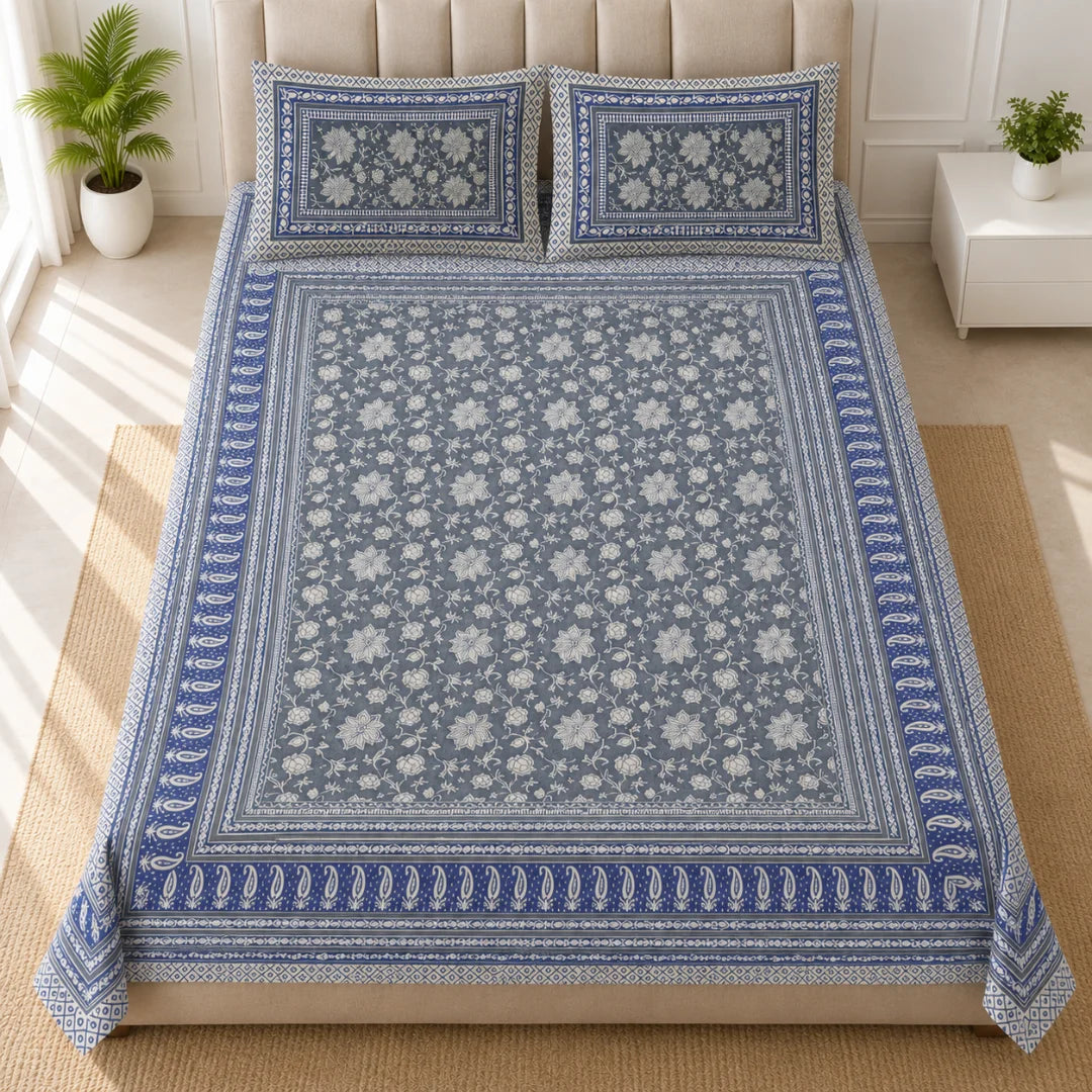 Royal Blue Bloom Floral Printed Bedsheet Set