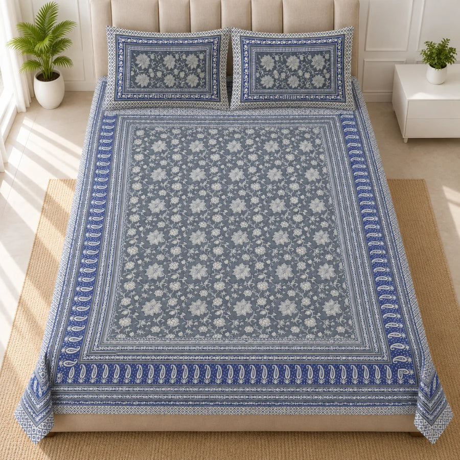 Royal Blue Bloom Floral Printed Bedsheet Set