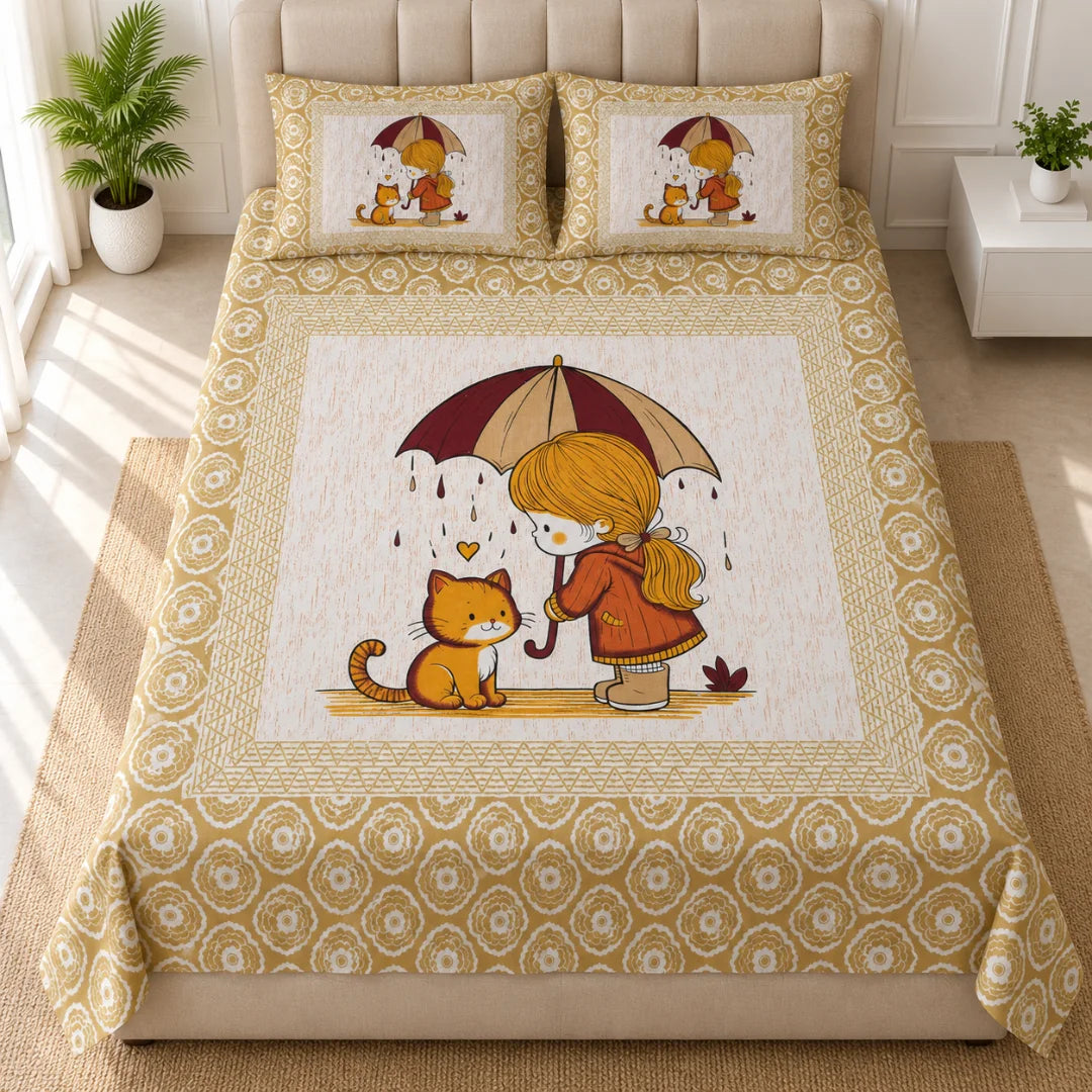 Little Moments Umbrella & Cat Printed Bedsheet Set- Rangshee