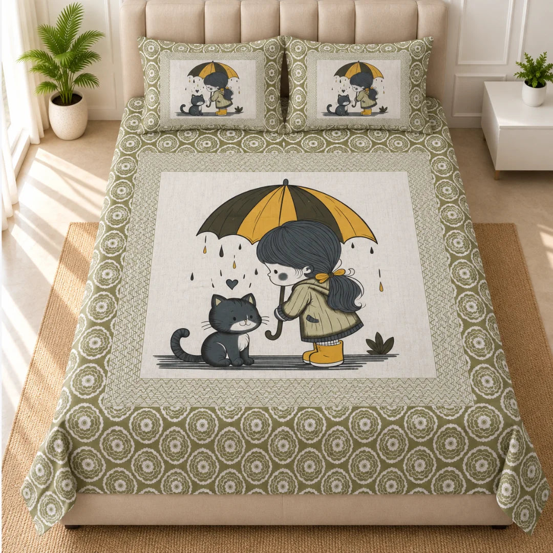 Little Moments Umbrella Cat Printed Bedsheet Set - Rangshee – Olive Green