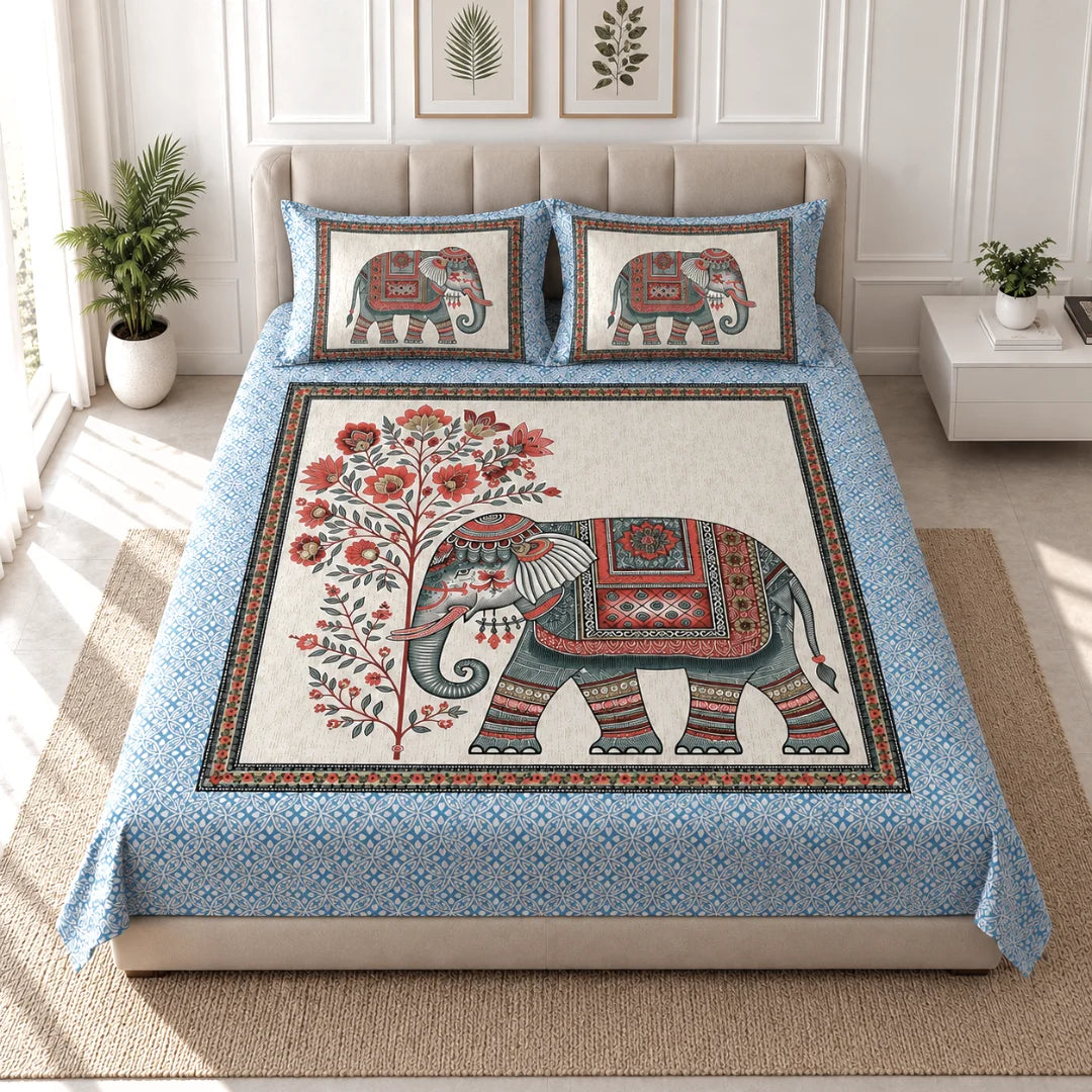 Royal Elephant Floral Printed Bedsheet Set - Rangshee