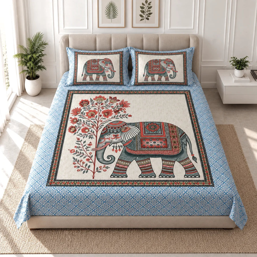 Royal Elephant Floral Printed Bedsheet Set - Rangshee
