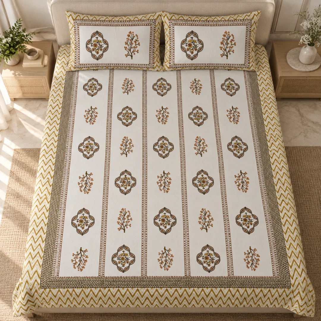 Golden Heritage Floral Printed Bedsheet Set - Sangan