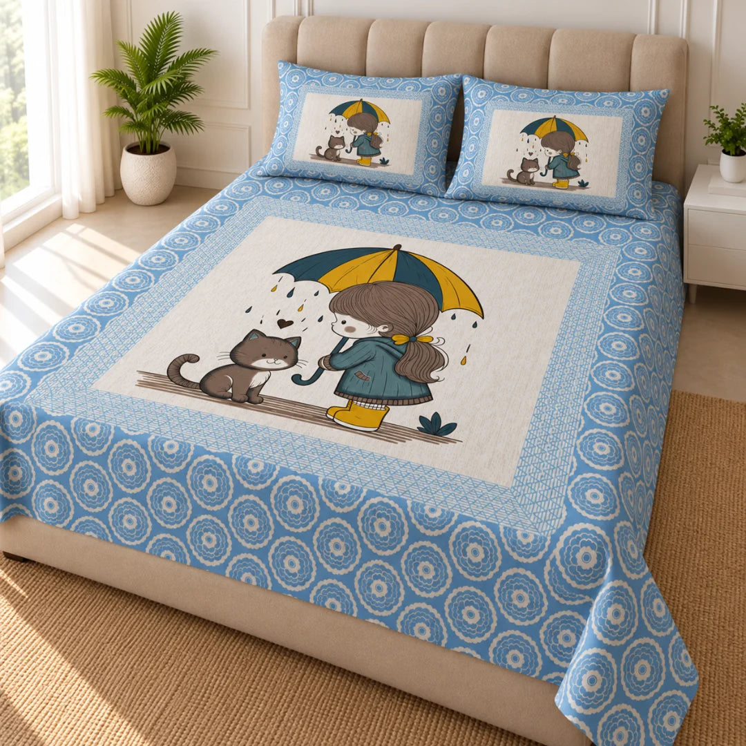 Little Moments Umbrella Cat Printed Bedsheet Set - Rangshee