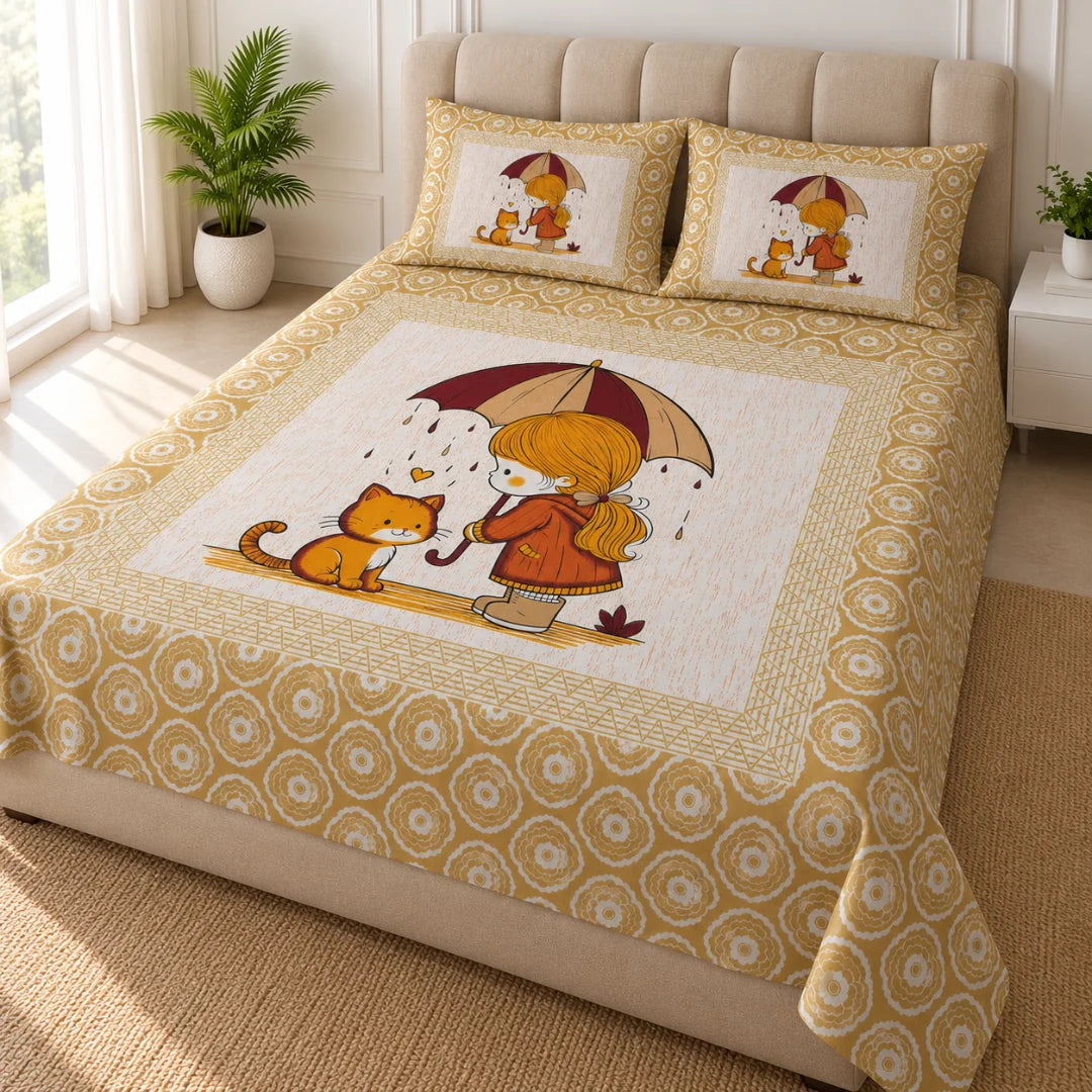 Little Moments Umbrella & Cat Printed Bedsheet Set- Rangshee