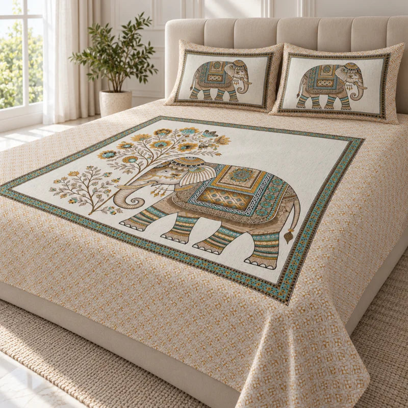 Royal Elephant Floral Printed Bedsheet Set - Rangshee