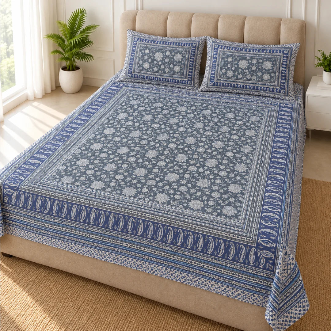 Royal Blue Bloom Floral Printed Bedsheet Set