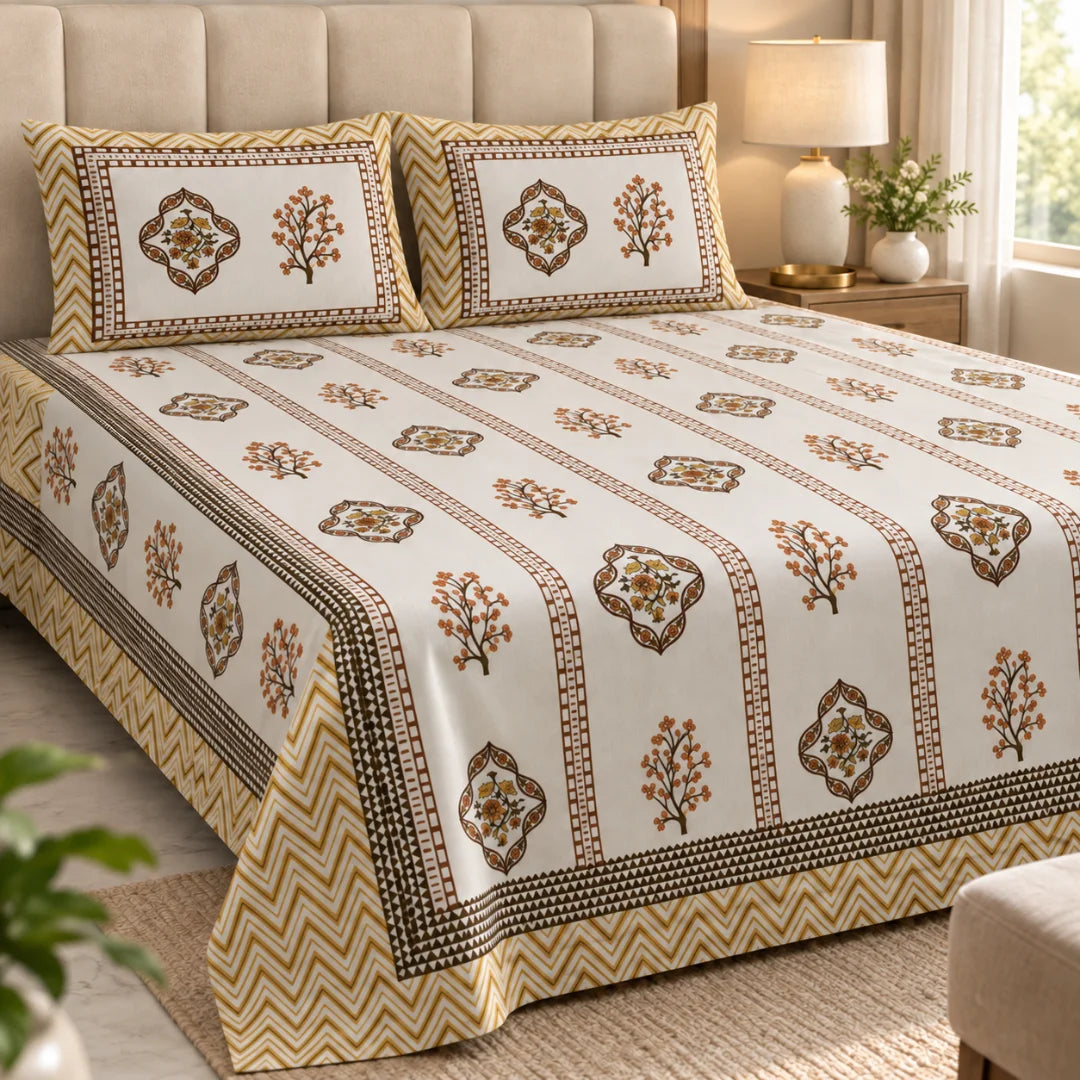 Golden Heritage Floral Printed Bedsheet Set - Sangan