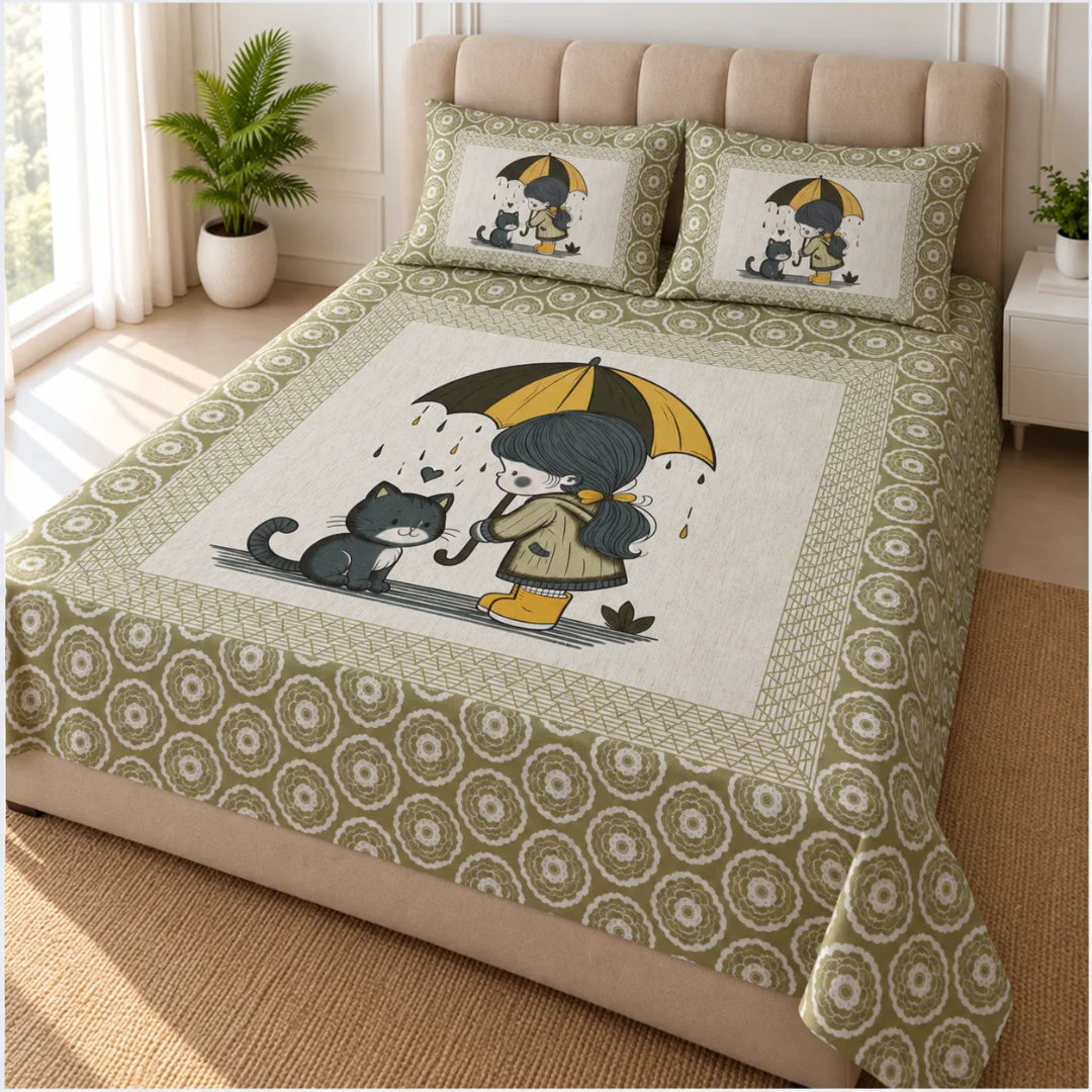 Little Moments Umbrella Cat Printed Bedsheet Set - Rangshee – Olive Green