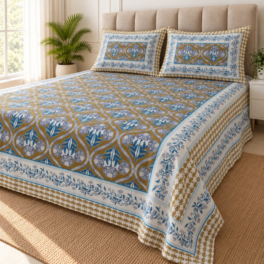 Mustard Bloom Floral Printed Bedsheet Set