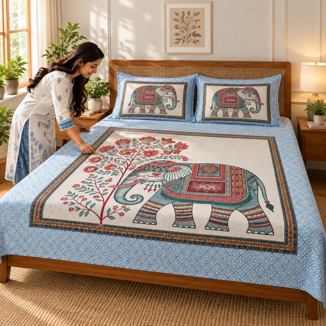 Royal Elephant Floral Printed Bedsheet Set - Rangshee