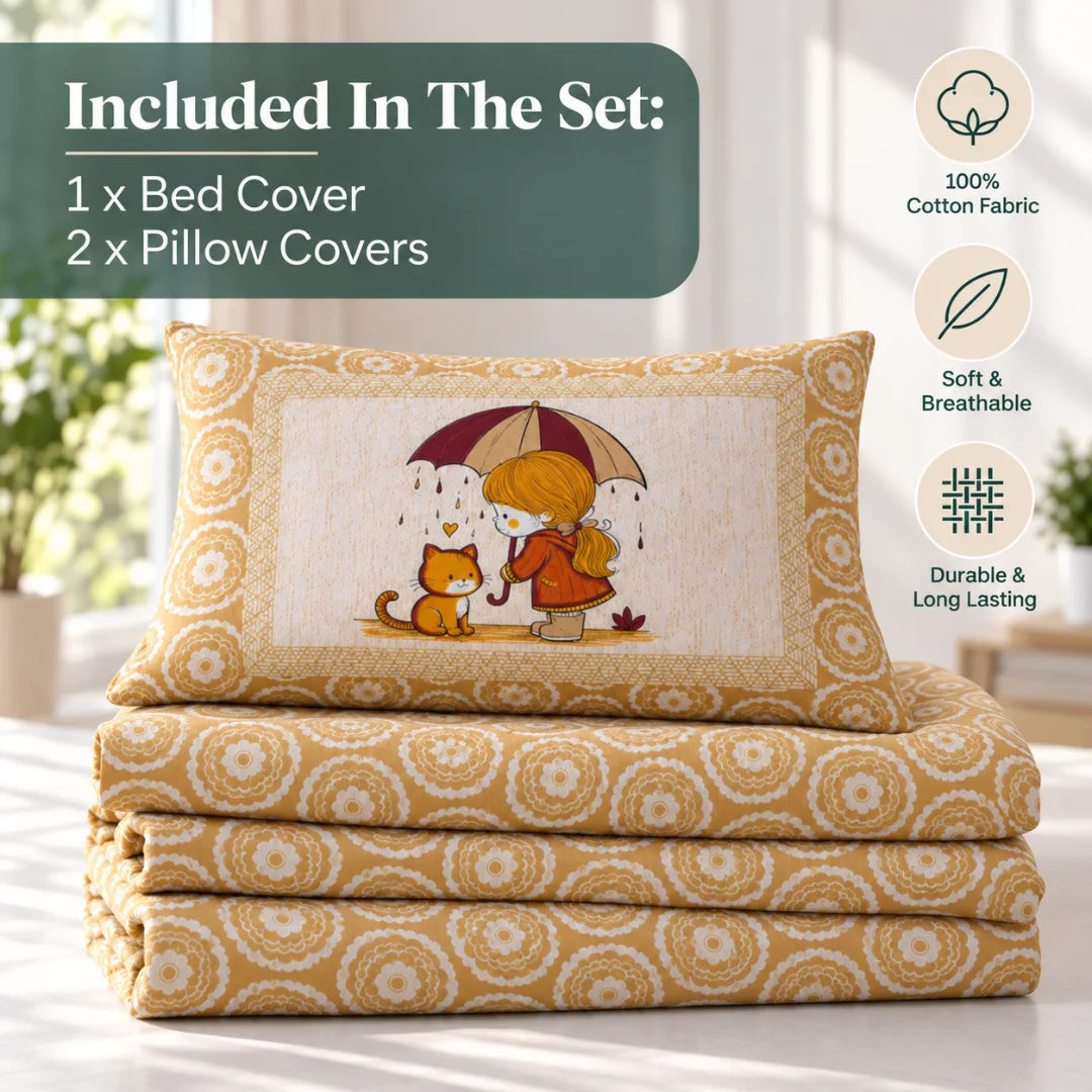 Little Moments Umbrella & Cat Printed Bedsheet Set- Rangshee