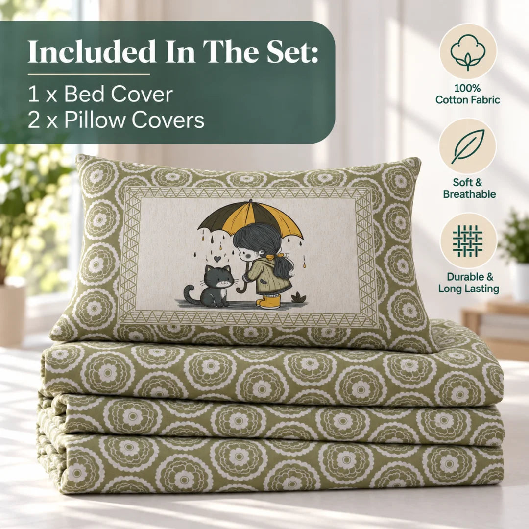 Little Moments Umbrella Cat Printed Bedsheet Set - Rangshee – Olive Green