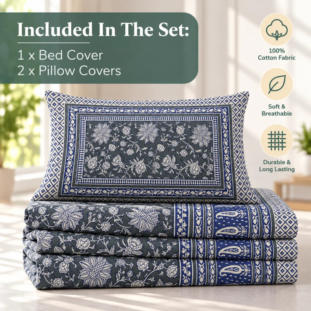 Royal Blue Bloom Floral Printed Bedsheet Set