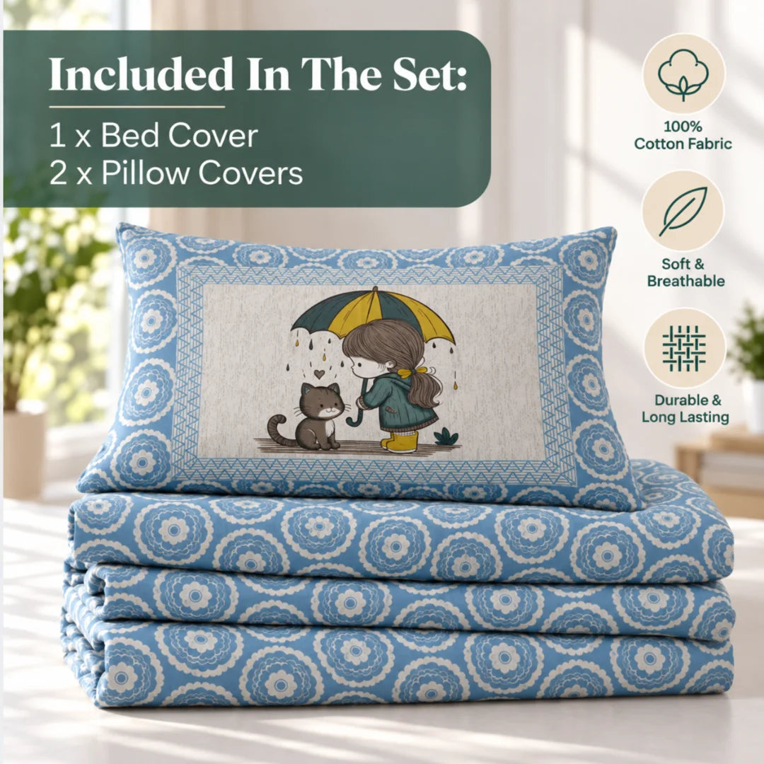 Little Moments Umbrella Cat Printed Bedsheet Set - Rangshee