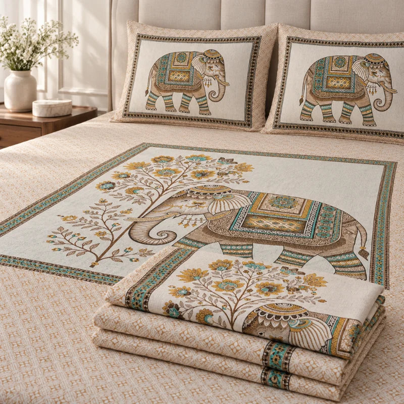 Royal Elephant Floral Printed Bedsheet Set - Rangshee