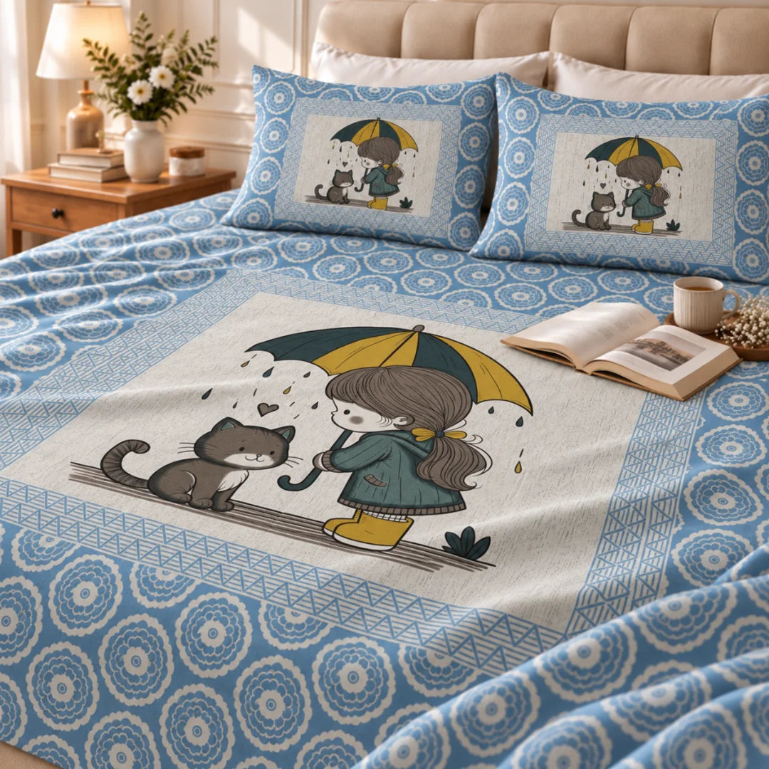 Little Moments Umbrella Cat Printed Bedsheet Set - Rangshee