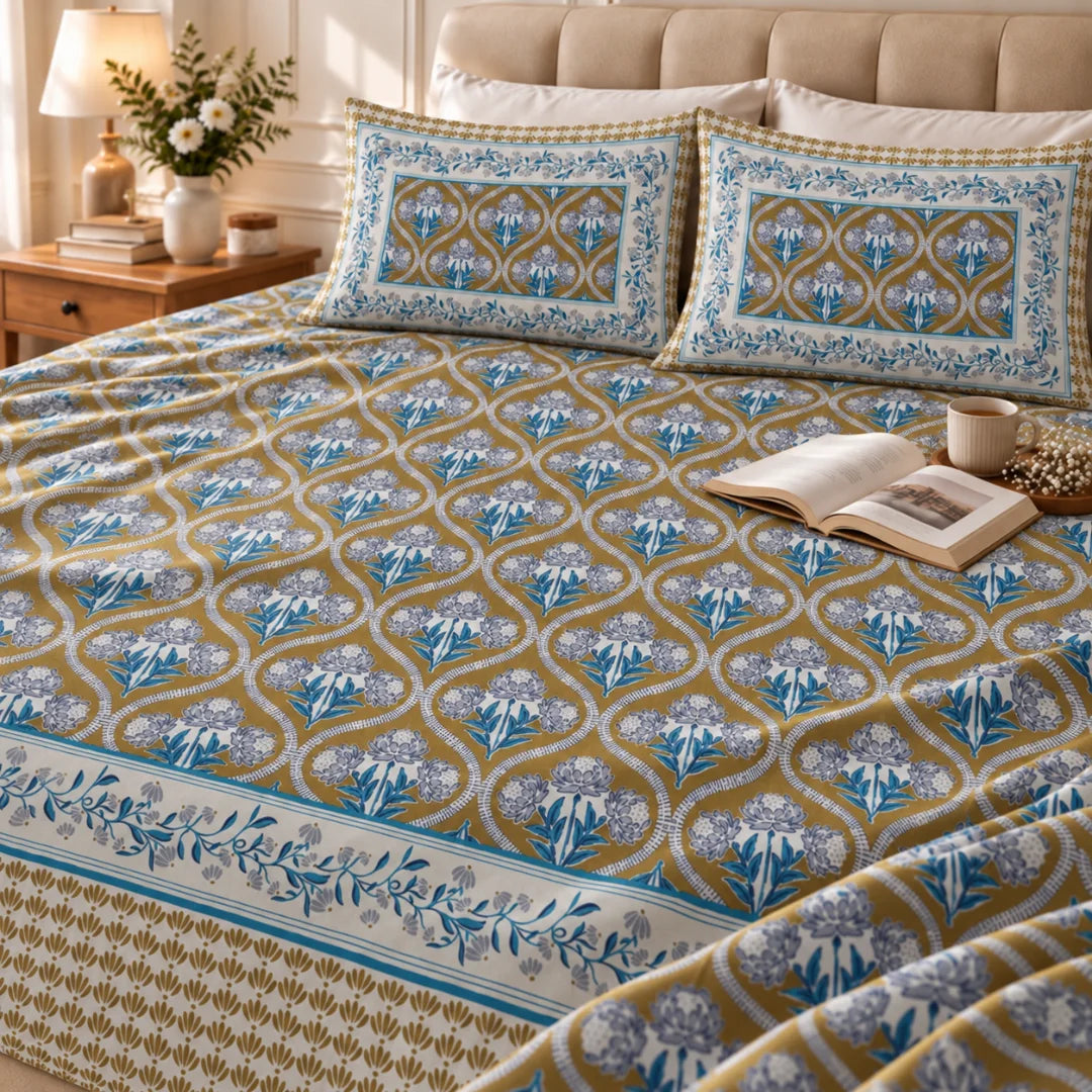 Mustard Bloom Floral Printed Bedsheet Set