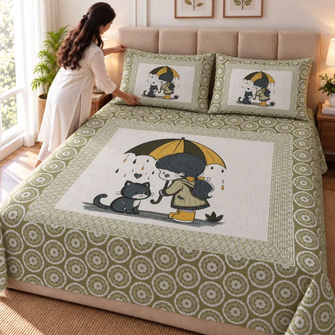 Little Moments Umbrella Cat Printed Bedsheet Set - Rangshee – Olive Green