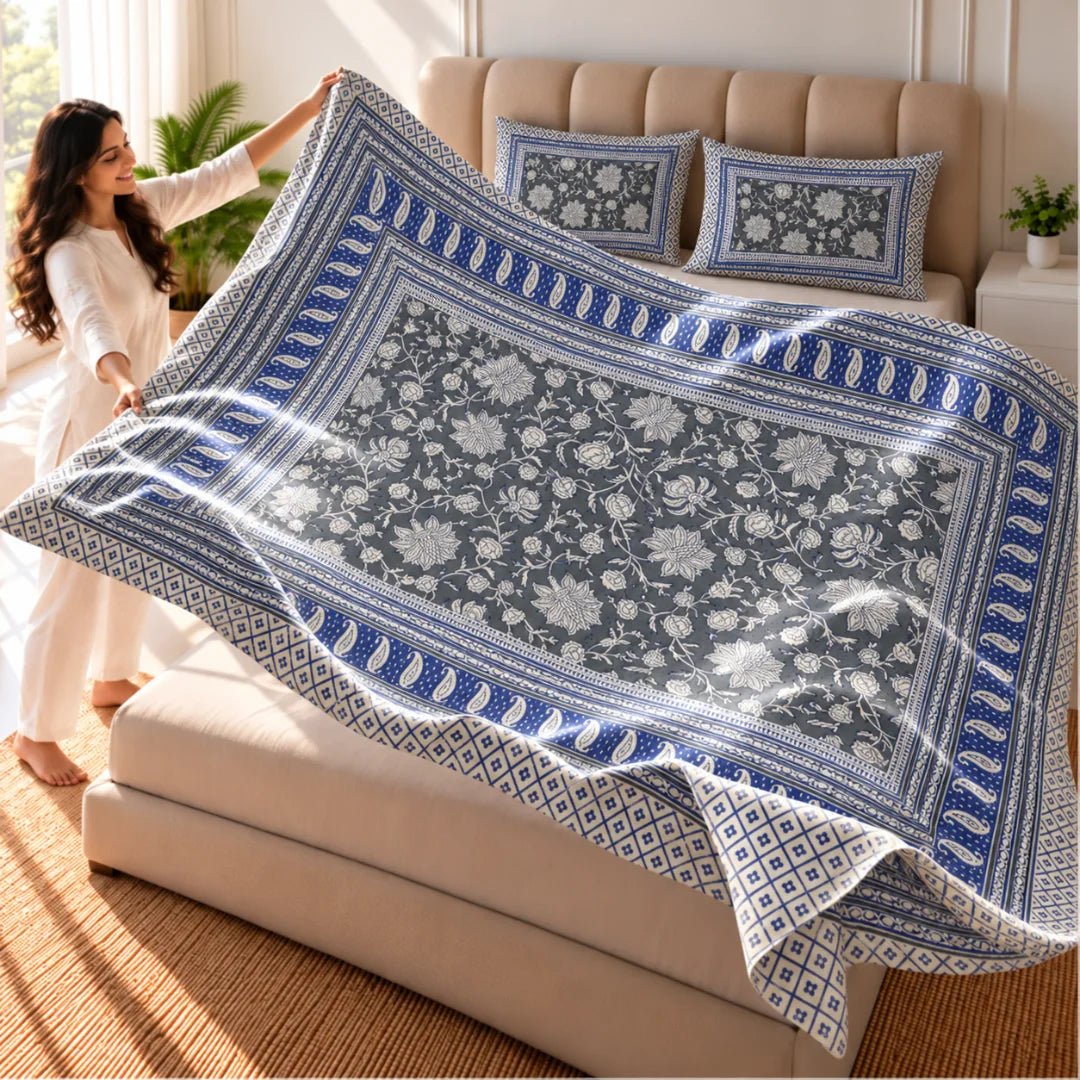 Royal Blue Bloom Floral Printed Bedsheet Set