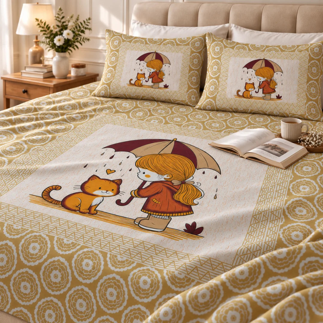 Little Moments Umbrella & Cat Printed Bedsheet Set- Rangshee