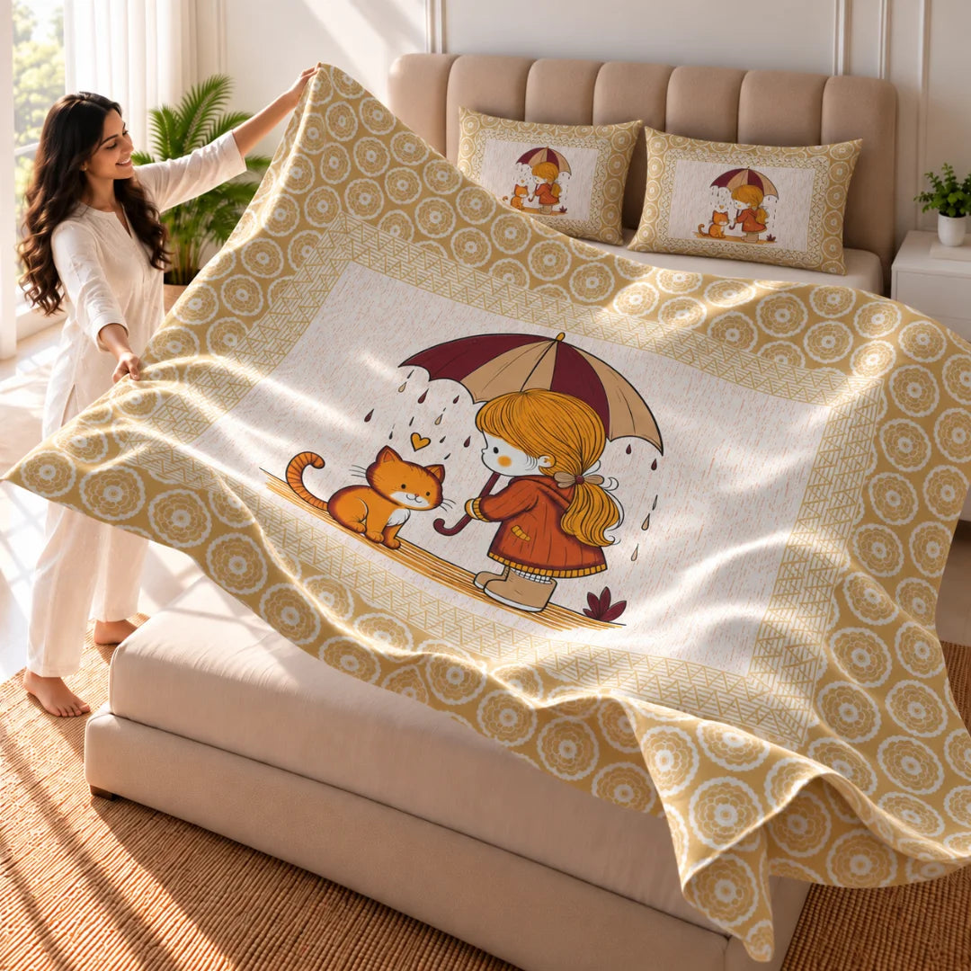 Little Moments Umbrella & Cat Printed Bedsheet Set- Rangshee