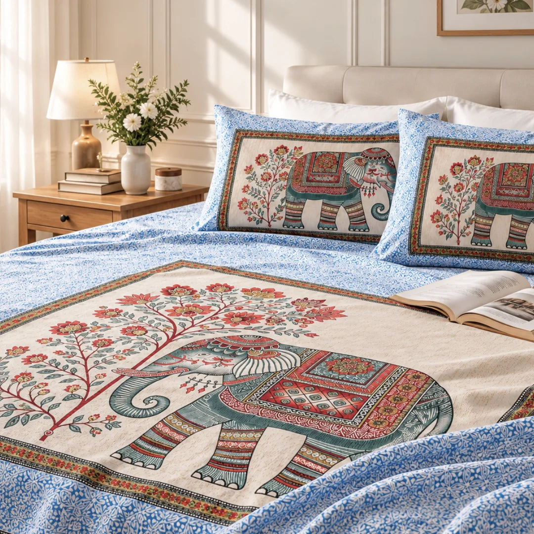 Royal Elephant Floral Printed Bedsheet Set - Rangshee