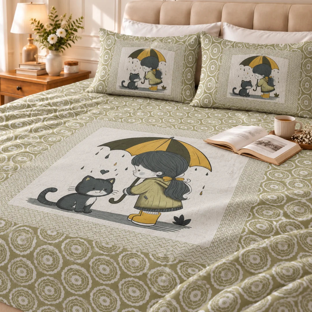 Little Moments Umbrella Cat Printed Bedsheet Set - Rangshee – Olive Green