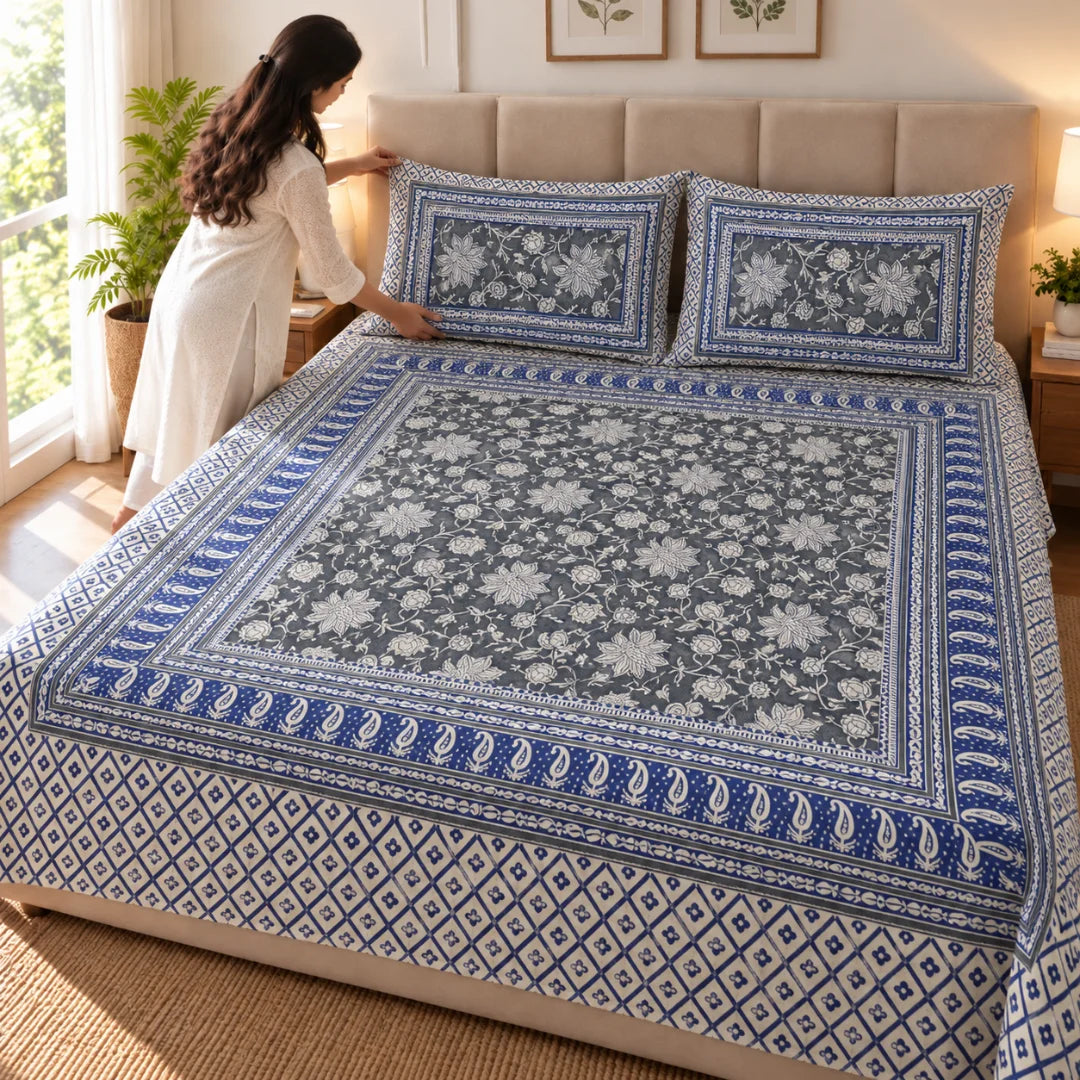 Royal Blue Bloom Floral Printed Bedsheet Set