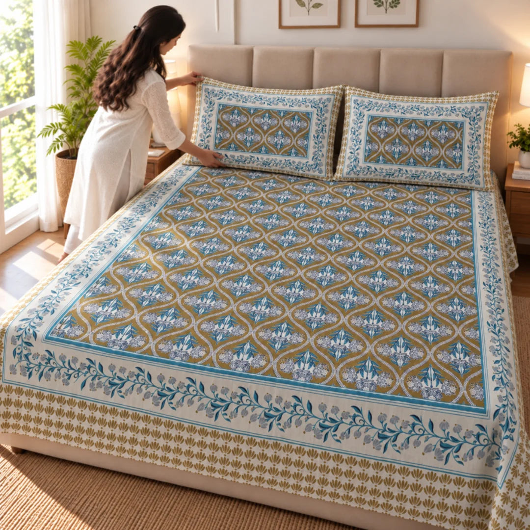 Mustard Bloom Floral Printed Bedsheet Set