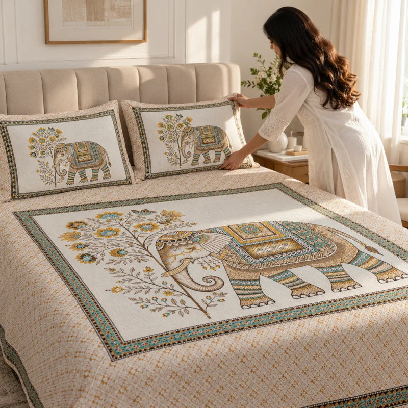 Royal Elephant Floral Printed Bedsheet Set - Rangshee