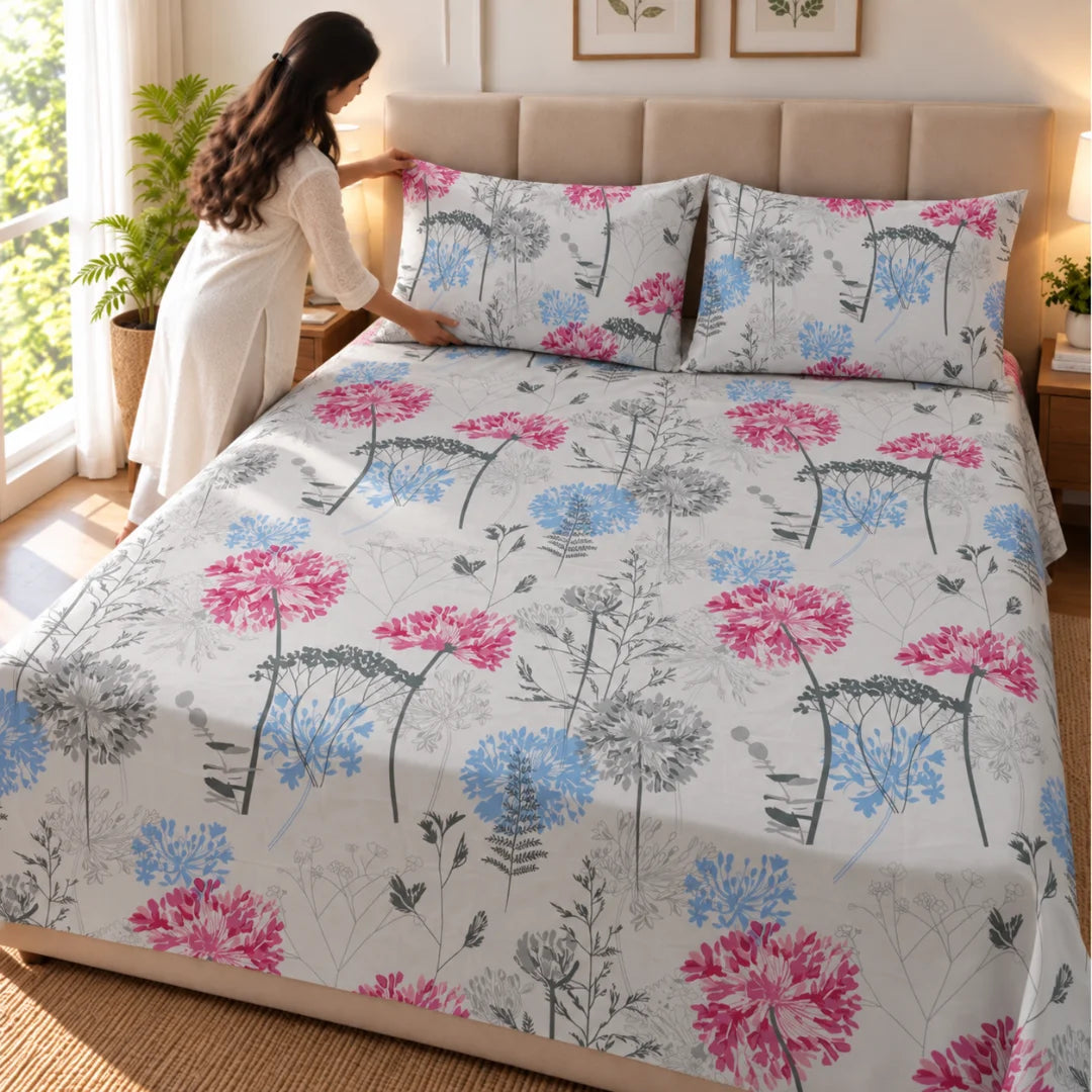 Blush Meadow Floral Printed Bedsheet Set - Madhuban