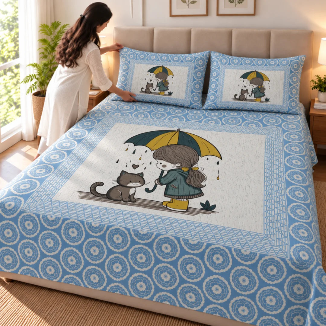 Little Moments Umbrella Cat Printed Bedsheet Set - Rangshee