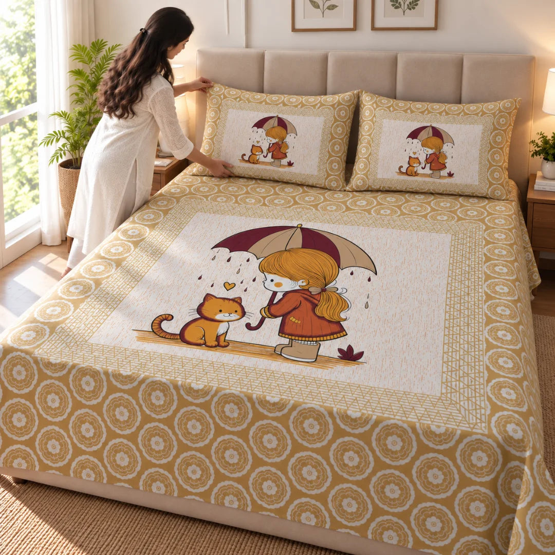 Little Moments Umbrella & Cat Printed Bedsheet Set- Rangshee