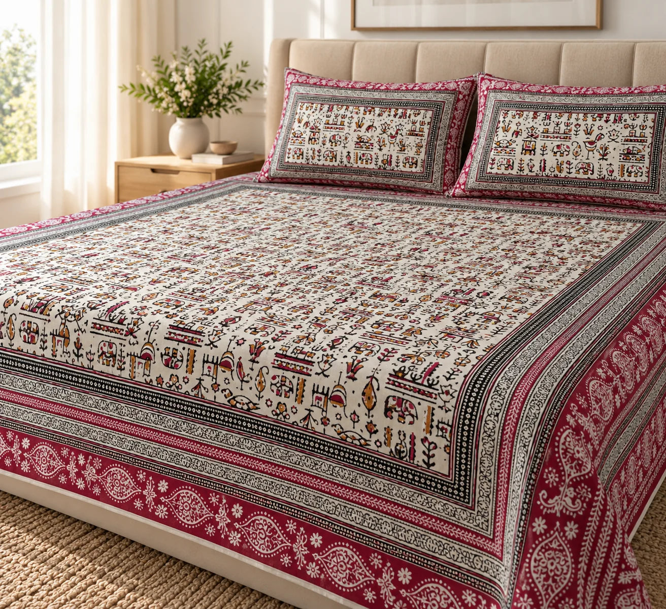 Maroon & Ivory Traditional Folk Art Printed Bedsheet Set - Rangshee