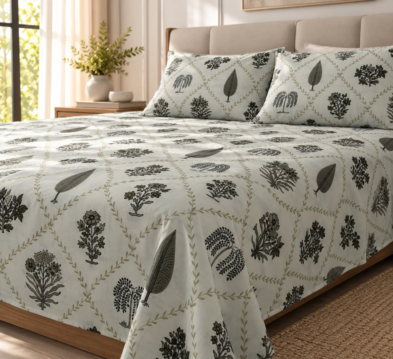 Elegant Botanical Lattice Bedsheet Set - Sangan