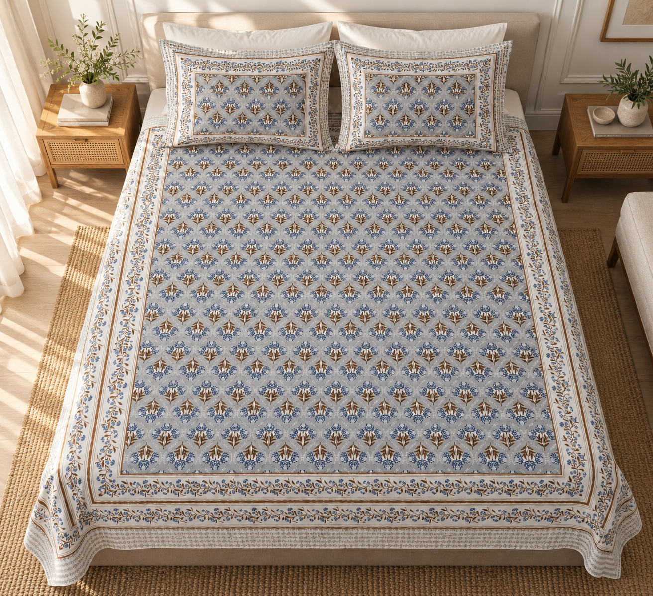 Elegant Blue & Ivory Floral Printed Bedsheet Set