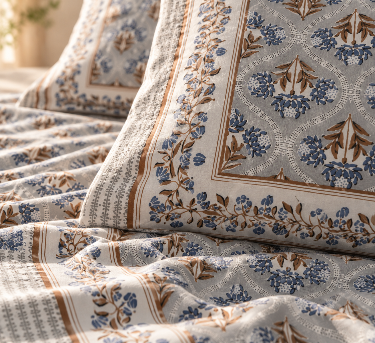 Elegant Blue & Ivory Floral Printed Bedsheet Set