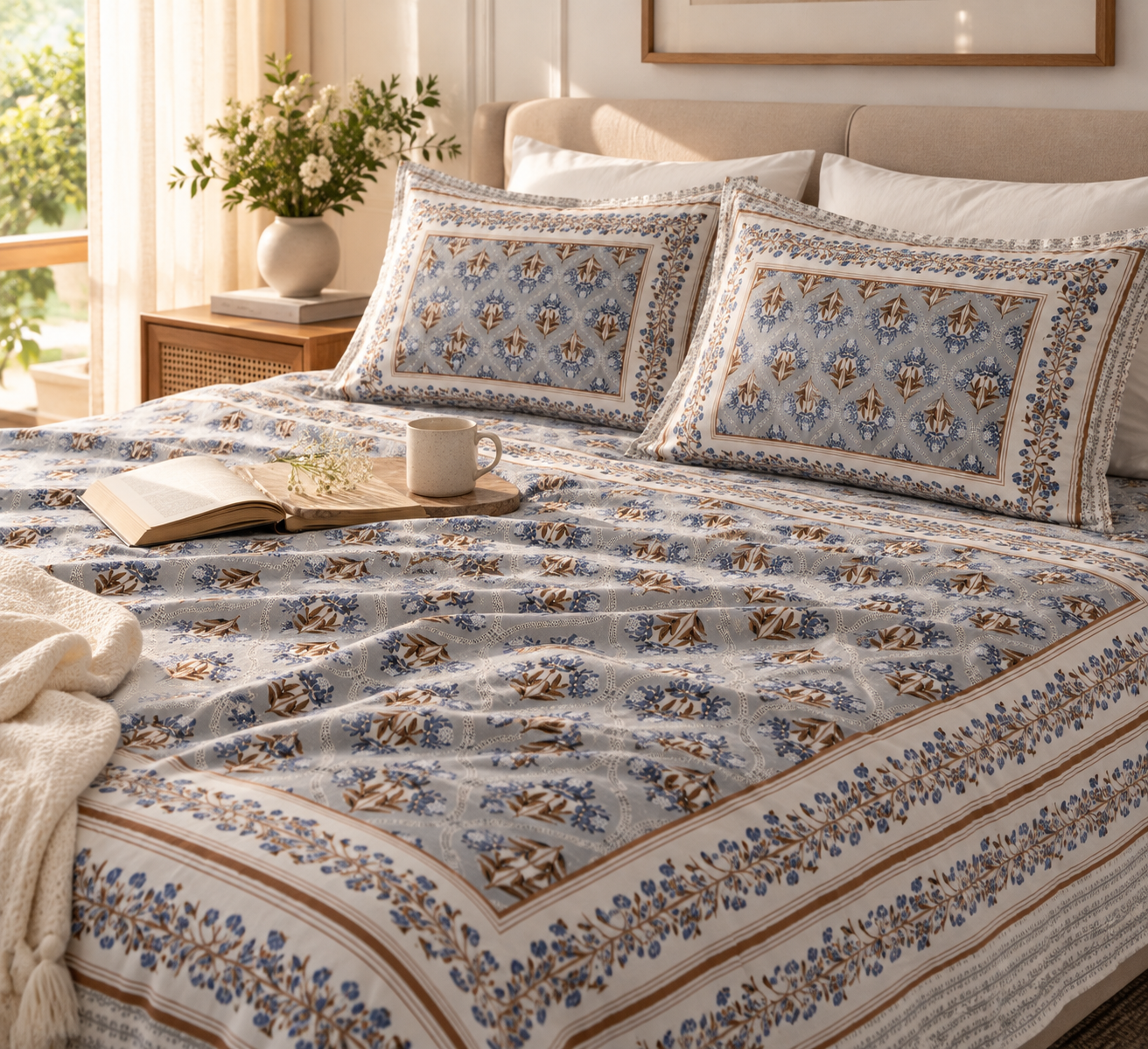 Elegant Blue & Ivory Floral Printed Bedsheet Set