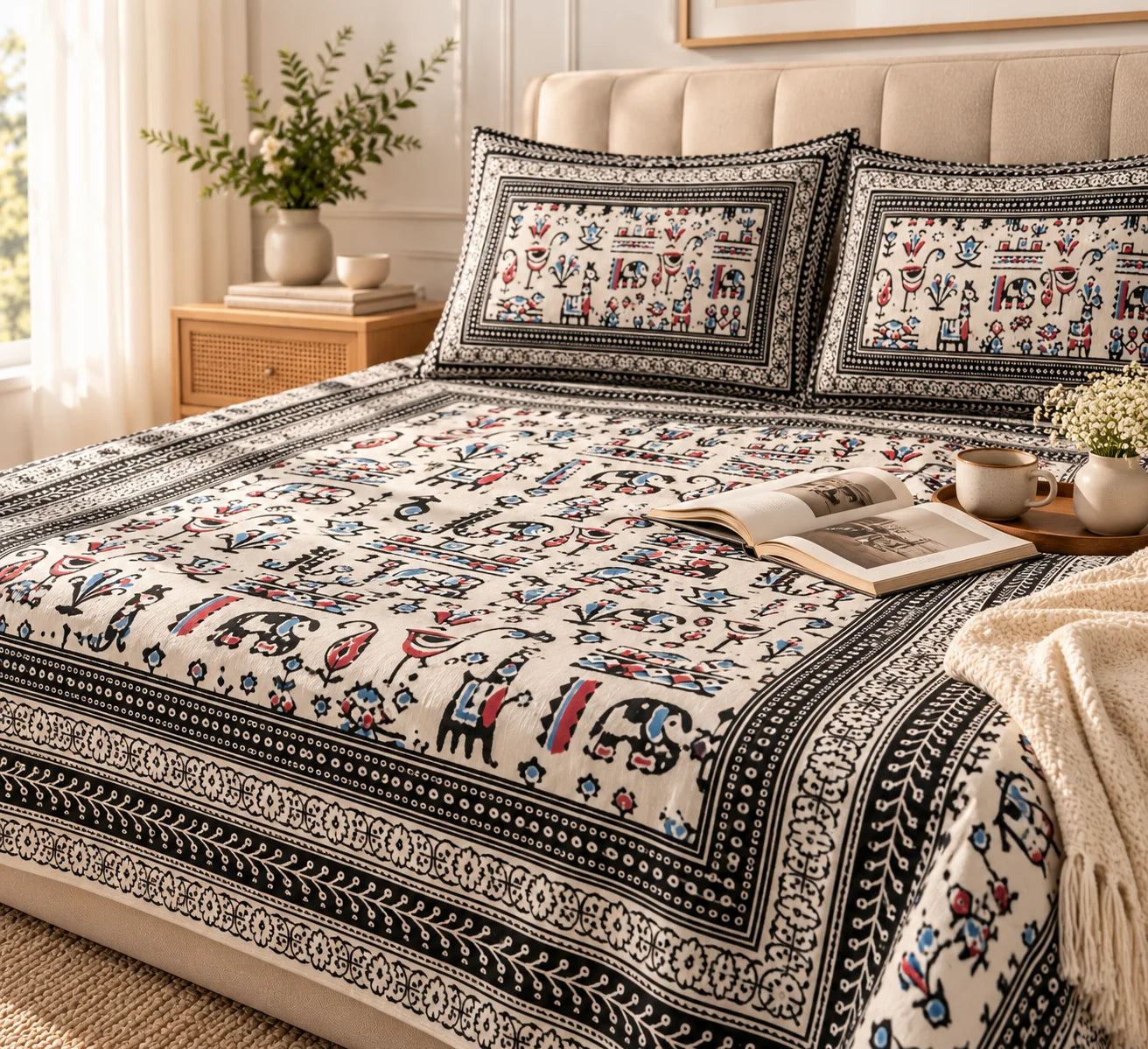 Black & Ivory Traditional Folk Art Printed Bedsheet Set - Rangshee