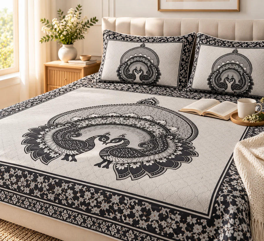 Black & Ivory Peacock Mandala Printed Bedsheet Set - Rangshree