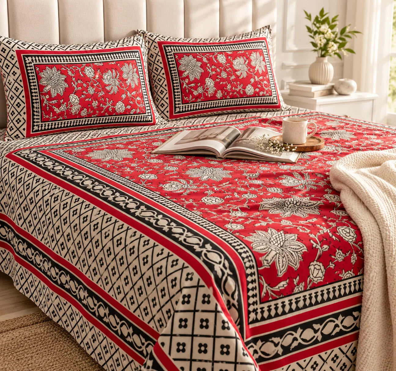 Crimson Bloom Floral Printed Bedsheet Set - Rangshee
