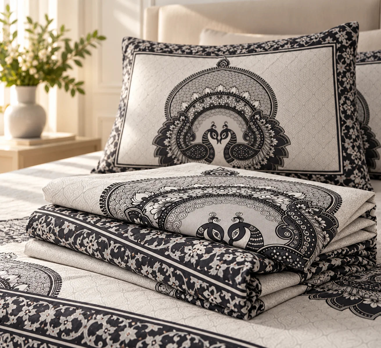 Black & Ivory Peacock Mandala Printed Bedsheet Set - Rangshree