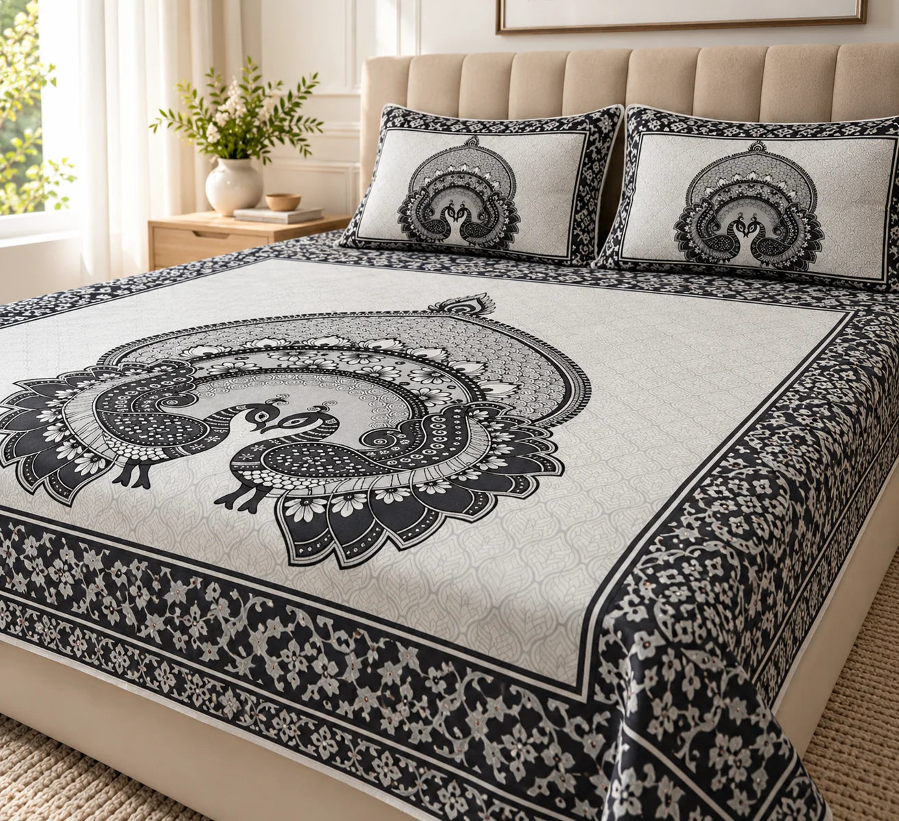 Black & Ivory Peacock Mandala Printed Bedsheet Set - Rangshree