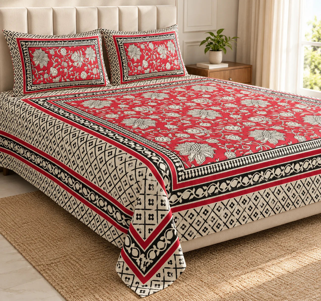 Crimson Bloom Floral Printed Bedsheet Set - Rangshee
