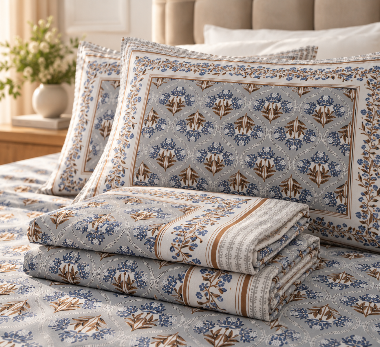 Elegant Blue & Ivory Floral Printed Bedsheet Set