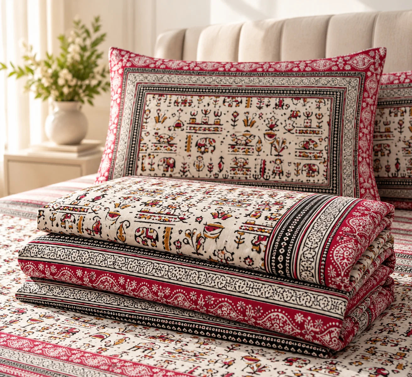 Maroon & Ivory Traditional Folk Art Printed Bedsheet Set - Rangshee