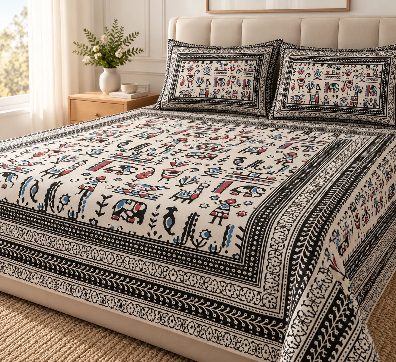 Black & Ivory Traditional Folk Art Printed Bedsheet Set - Rangshee